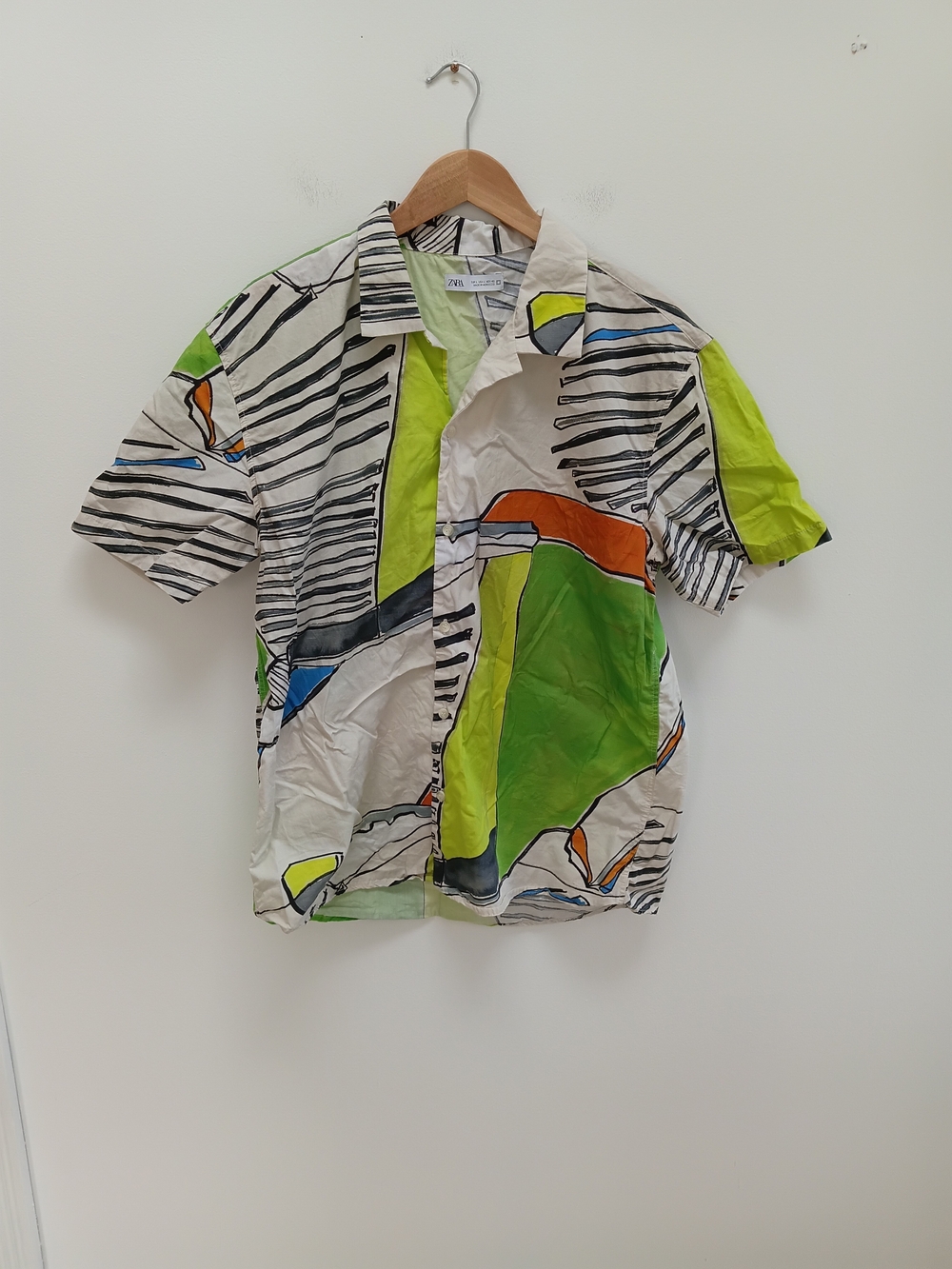 Zara Men’s Colorful Short-Sleeve Abstract Print Cotton Collar Shirt Size Large